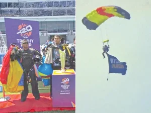 میچ کے دوران ورلڈ کپ ٹرافی کی کولمبو میں پیراشوٹ کے ذریعے میدان میں آمد